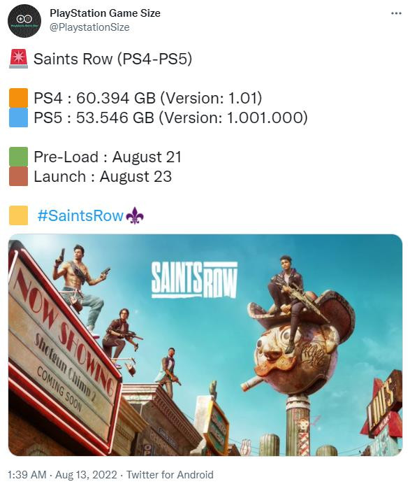 《黑道圣徒：重启版》PS5文件约53GB 8月21日预载开启