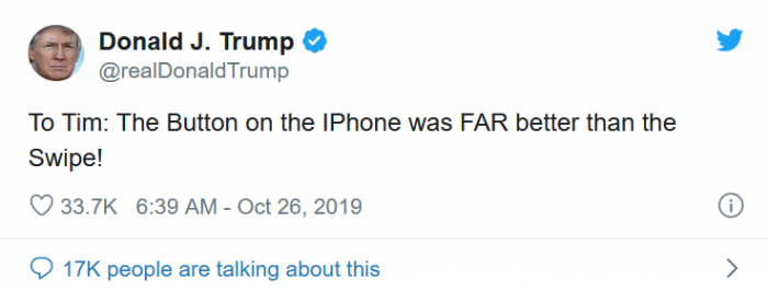 特朗普推特点名苹果CEO：iPhone没Home键不好用！