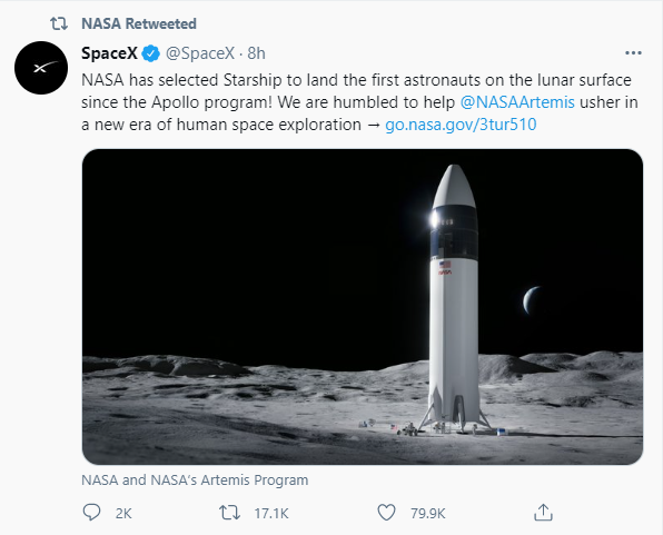 SpaceX中标NASA登月计划：最快三年后载人登月
